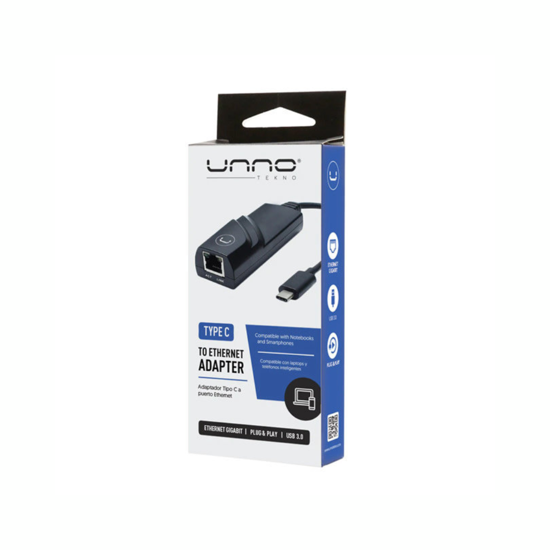 ADAPTADOR UNNO TEKNO TIPO C LAN ETHERNET 1GBPS CONECTIVIDAD
